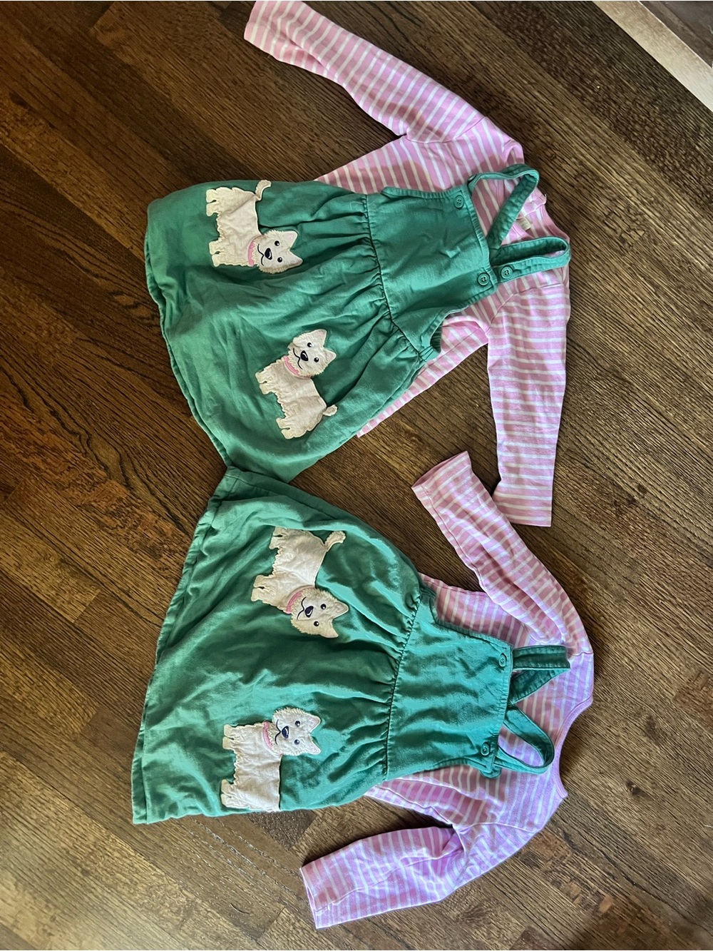 JoJo Maman Bebe Green Pinafore and Pink Striped Top Matching Sets